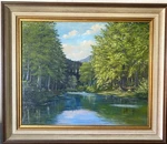 E. Stark Oil Painting 1957 Waldsee With Mixed Forest Shrubs And Water Reflection. Fixed Price $255.09.